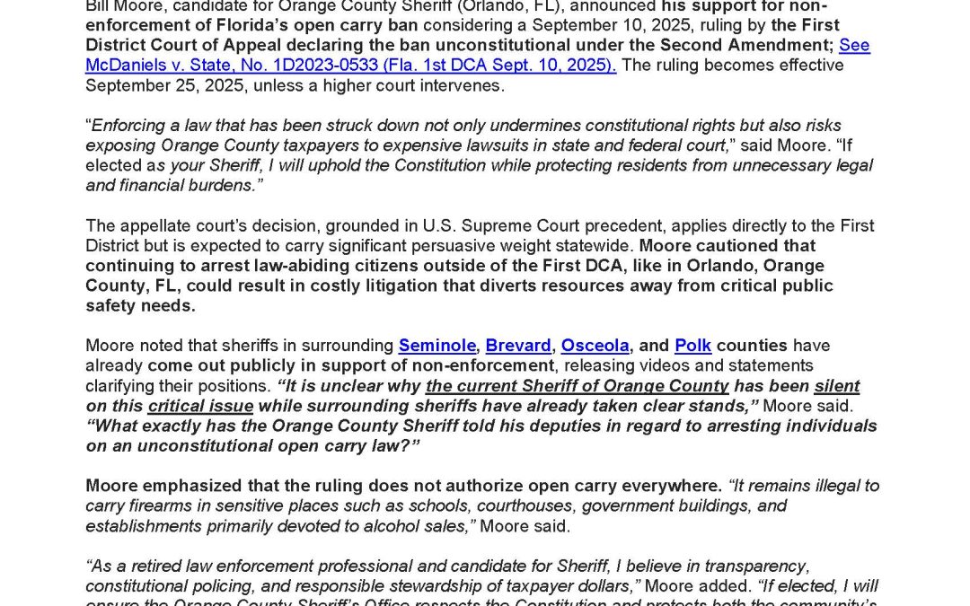 Press Release: Bill Moore on Open Carry: Respect Court Ruling, Protect Taxpayers